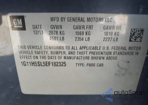 2014 Chevrolet Malibu 1Lz из США, поврежденный, VIN 1G11H5SL5EF182325